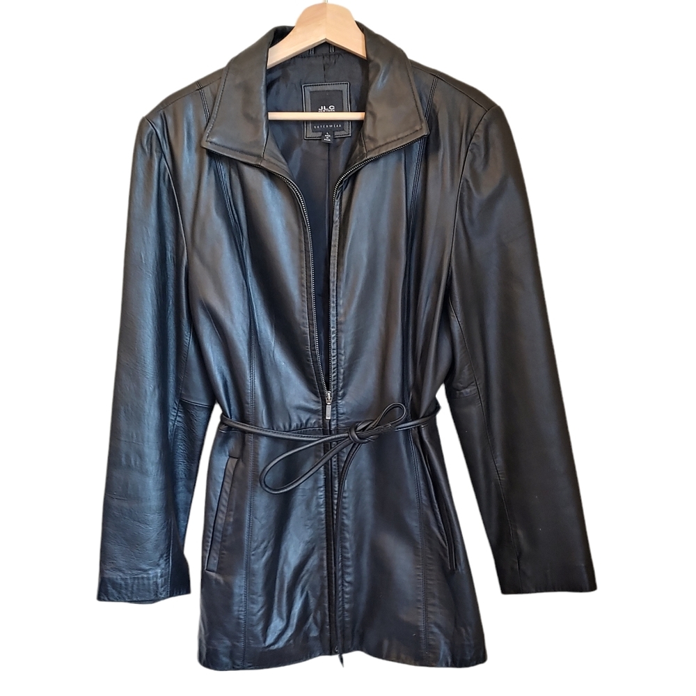 JLC Vintage Black Edgy Leather Tie Waist Zip Up 90s Y2K Jacket Size Large